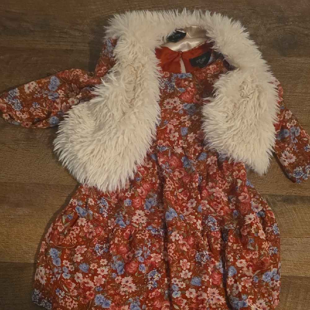 Floral Red and Blue Kids Dress with Faux Fur Vest